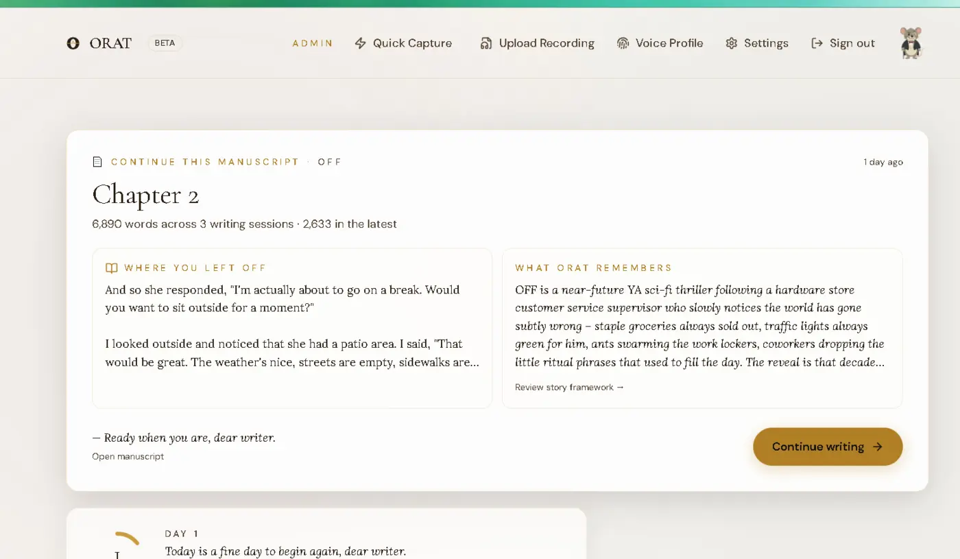 ORAT showing where a writer left off and what the manuscript remembers
