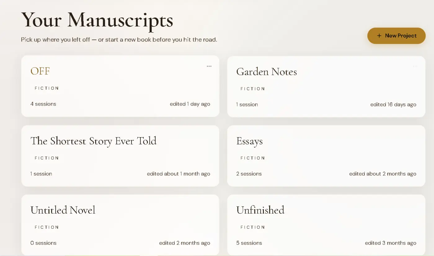 ORAT manuscripts dashboard with long-form writing projects